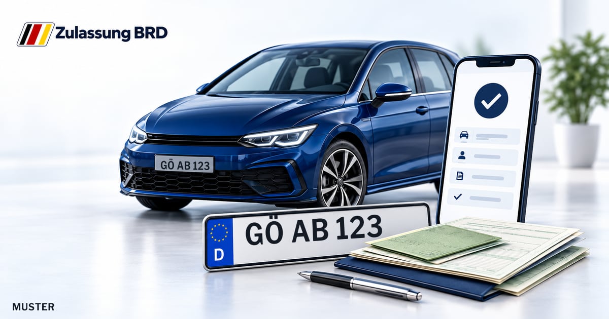 Online Fahrzeugzulassung in Landkreis Göttingen: Musterkennzeichen GÖ AB 123, Auto und Fahrzeugpapiere und Smartphone. Illustration mit Logo von Zulassung BRD.